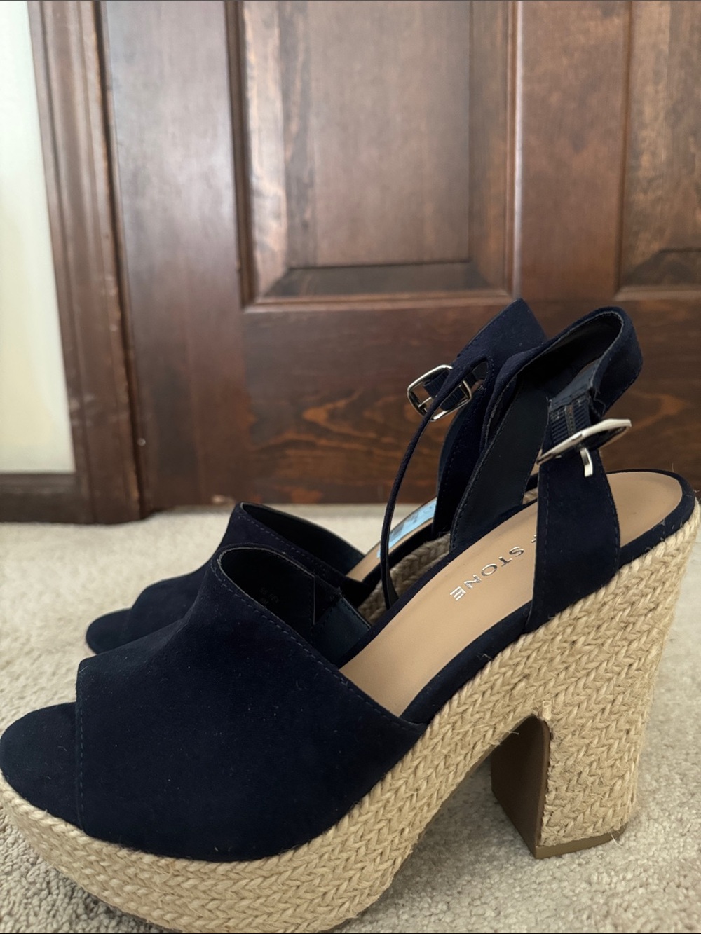 Sun + Stone Navy Suede Slingback Wedge Sandals with Braided Platform